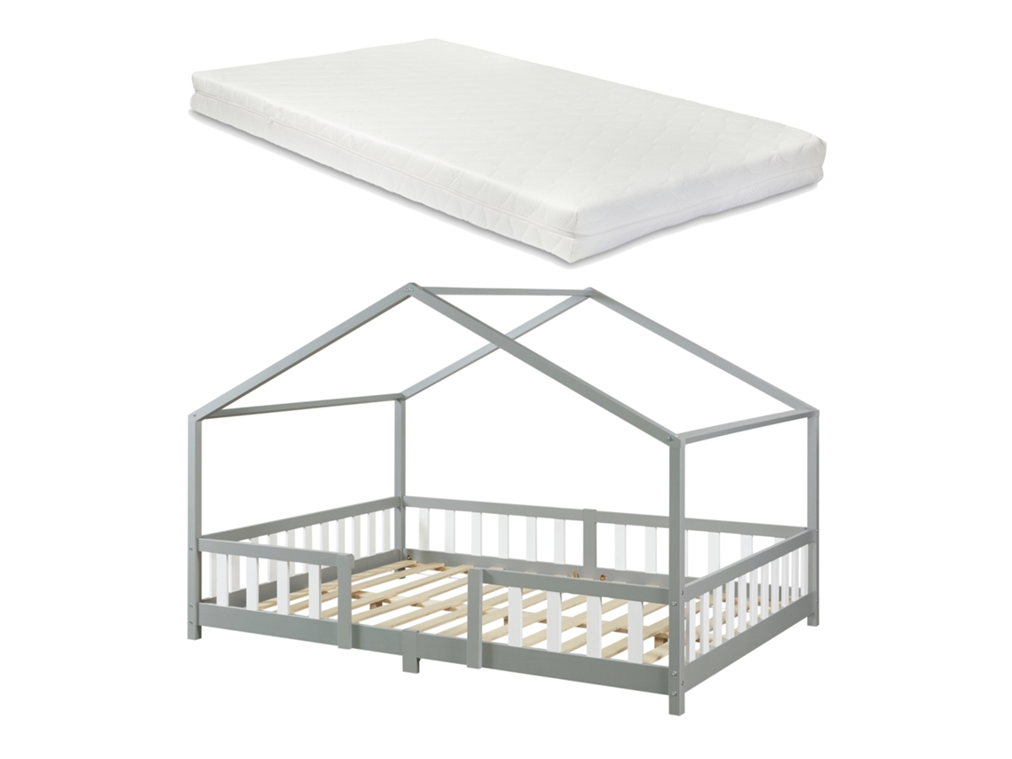 Cama para niños Treviolo forma de casa pino colchón 140x200cm - Gris [EN.CASA]
