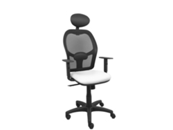 Silla de oficina Alocén con mecanismo Syncro, tapizada en piel sintética, color blanco y malla negra.