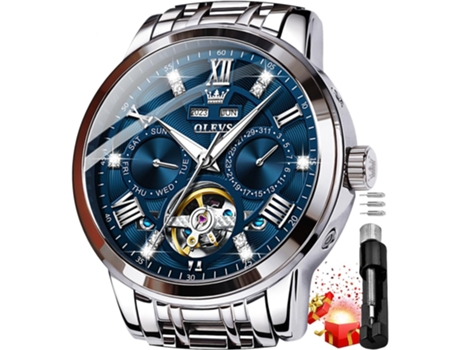 VEANXIN Reloj automático de acero inoxidable Tourbillon hueco mecánico con diamantes dorados para hombre(azul)