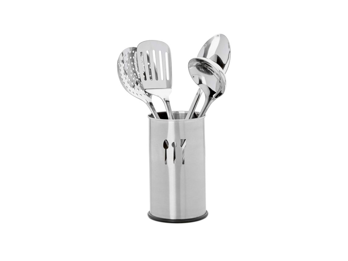 Relaxdays Juego De Utensilios De Cocina, Cinco Accesorios, Soporte, Cubertería, Acero Inoxidable, 1 Set, Plateado