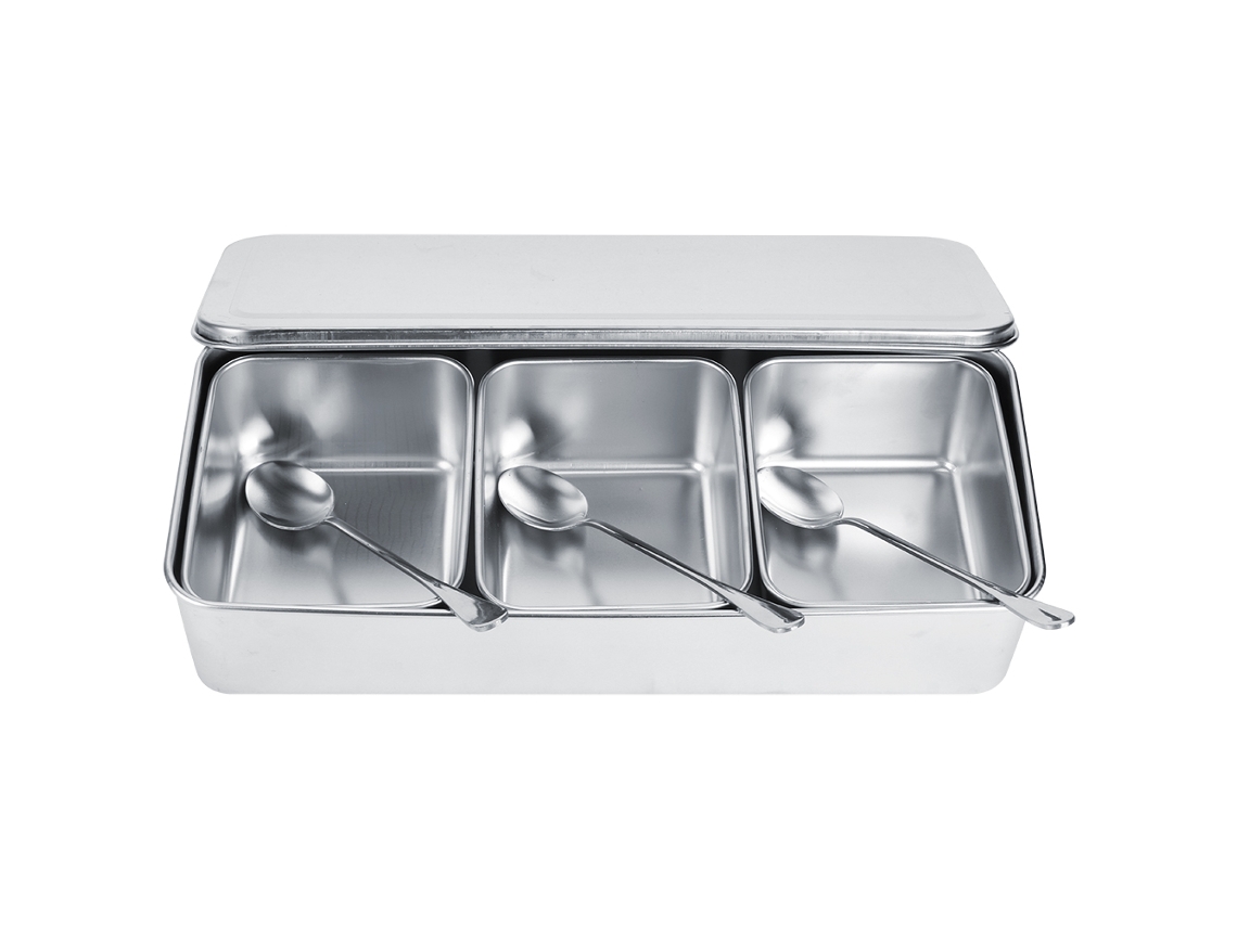 Juego De Botes De Especias De Acero Inoxidable Con 3 Compartimentos, Cucharas Y Tapa.