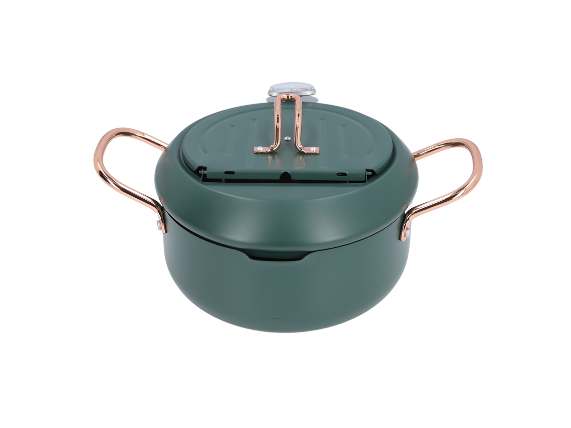 Sartén japonesa de hierro fundido con doble asa para tempura, con indicador de temperatura de aceite para sopas, color verde