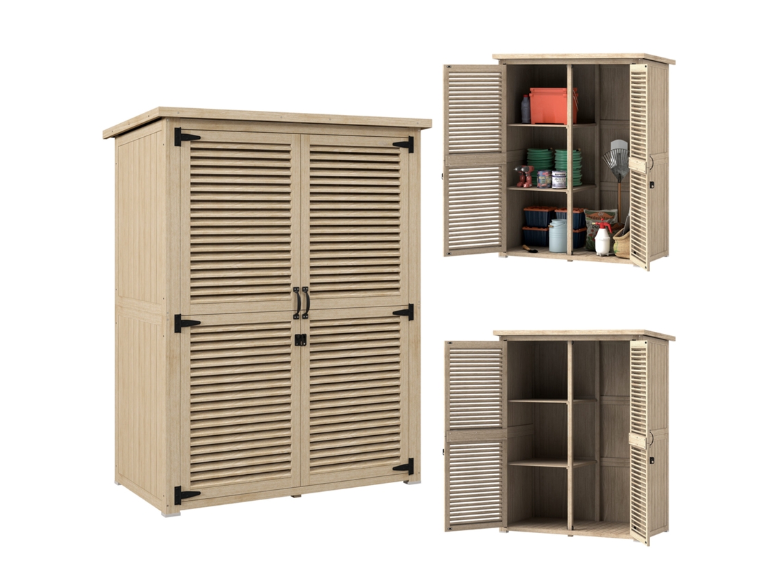 Caseta De Jardín De Madera De 127x65x168 Cm (0,83 M²) Con 2 Puertas De Lamas, 2 Estantes Y Techo Impermeable.
