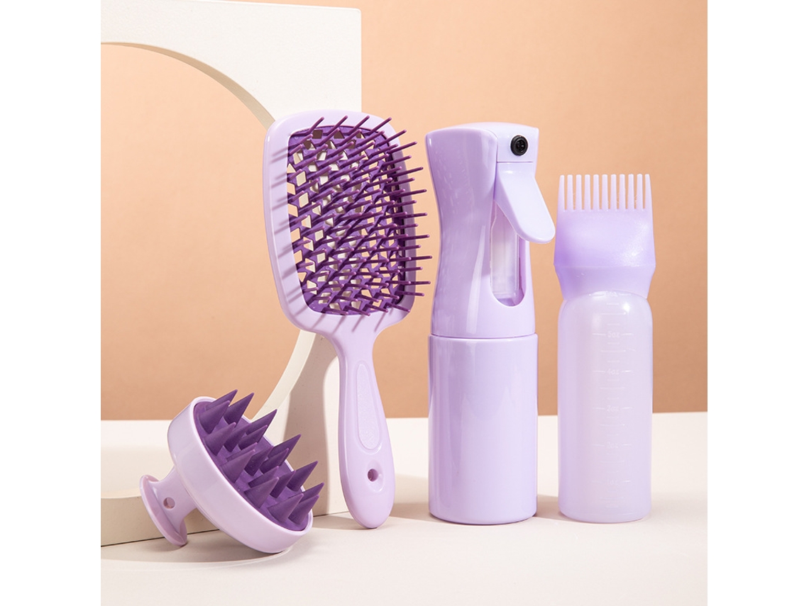 Set De Cuidado Capilar Morado Con Cepillo, Botella Pulverizadora, Peine Y Masajeador, Set De Peinado Y Cuidado 4 En 1, Compacto, Recargable