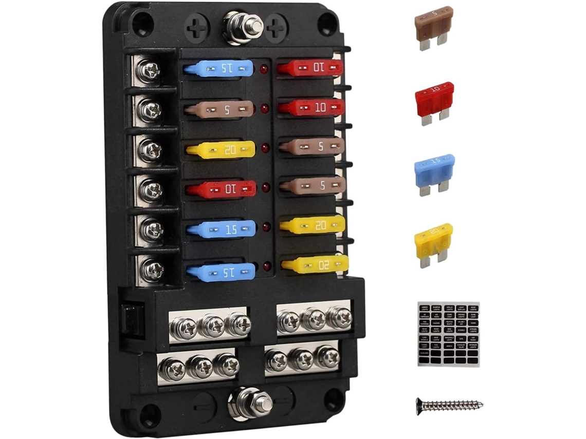 Panel de fusibles de 12 V con 12 cables, caja de fusibles para montaje en suelo, para barco, coche, remolque y RZR. SFUSHOS