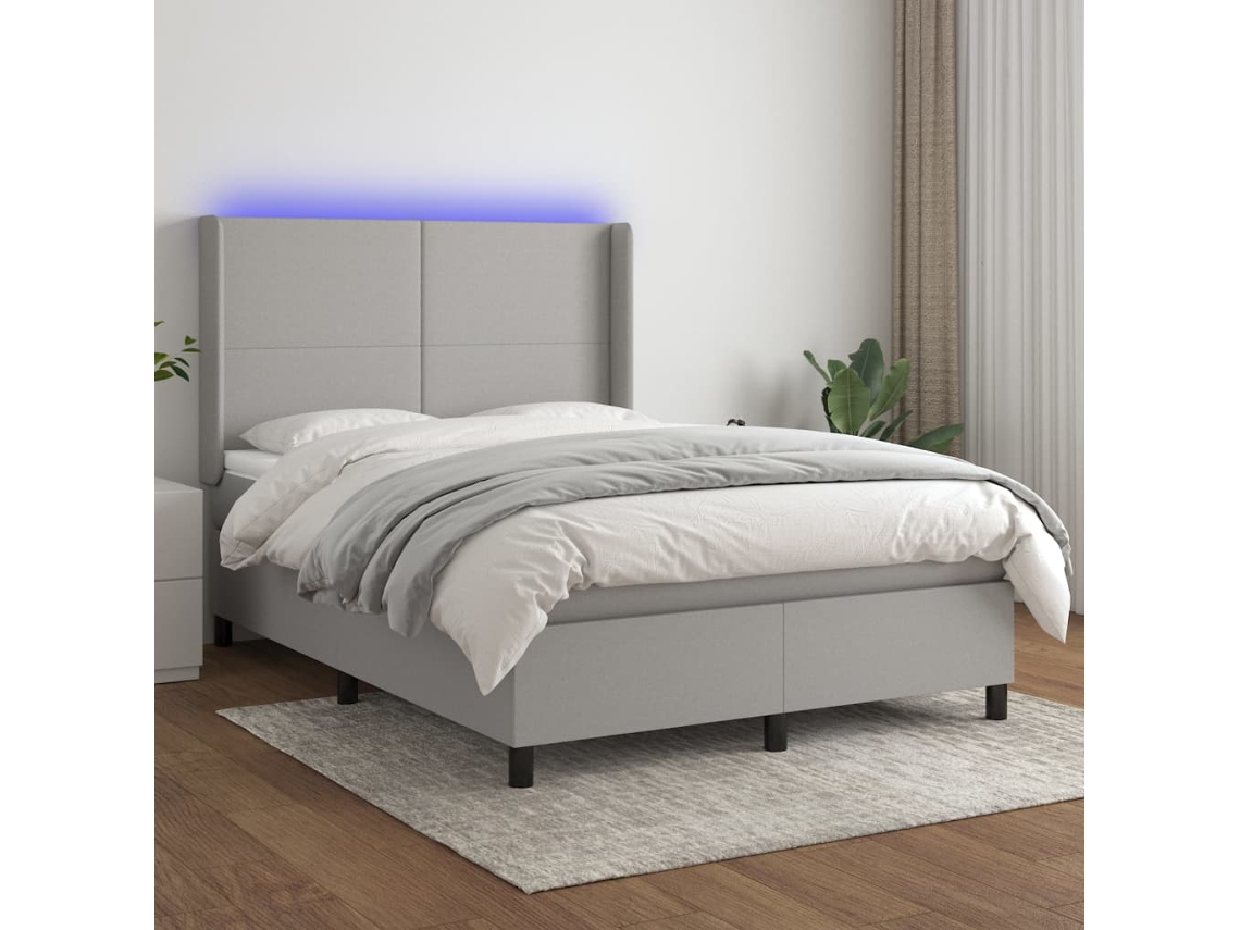 Cama Box Spring Colchón Y Luces Led Tela Gris Claro 140x190 Cm
