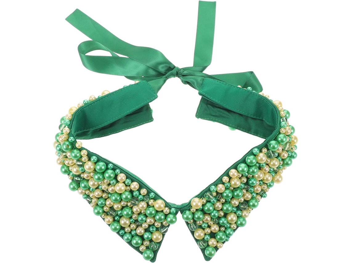 Cuello Desmontable A Cuadros Para Mujer Adornado Con Perlas Verdes Bordadas A Mano, Cuello Extraíble Con Lazo Ajustable.