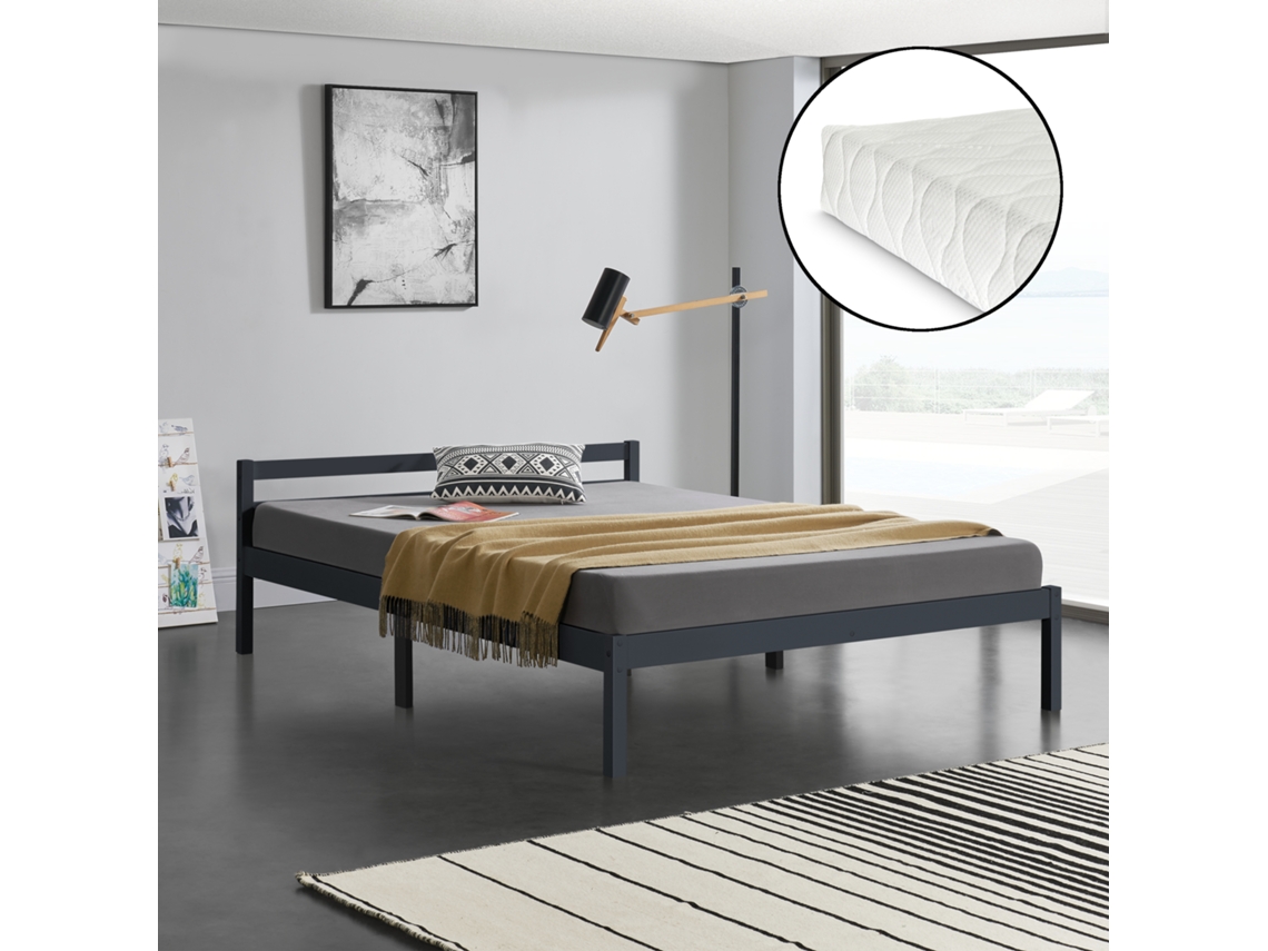 Colchón Cama Doble [ES.CASA] (206 x 146 x 50 cm - Madera de Pino - Gris)
