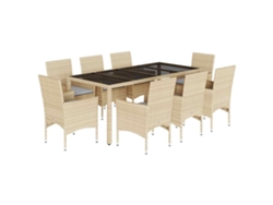 Juego de 9 juegos de comedor de jardín con cojines de mimbre, cristal/patas beige, EXCLUSIVO DE LA CASA