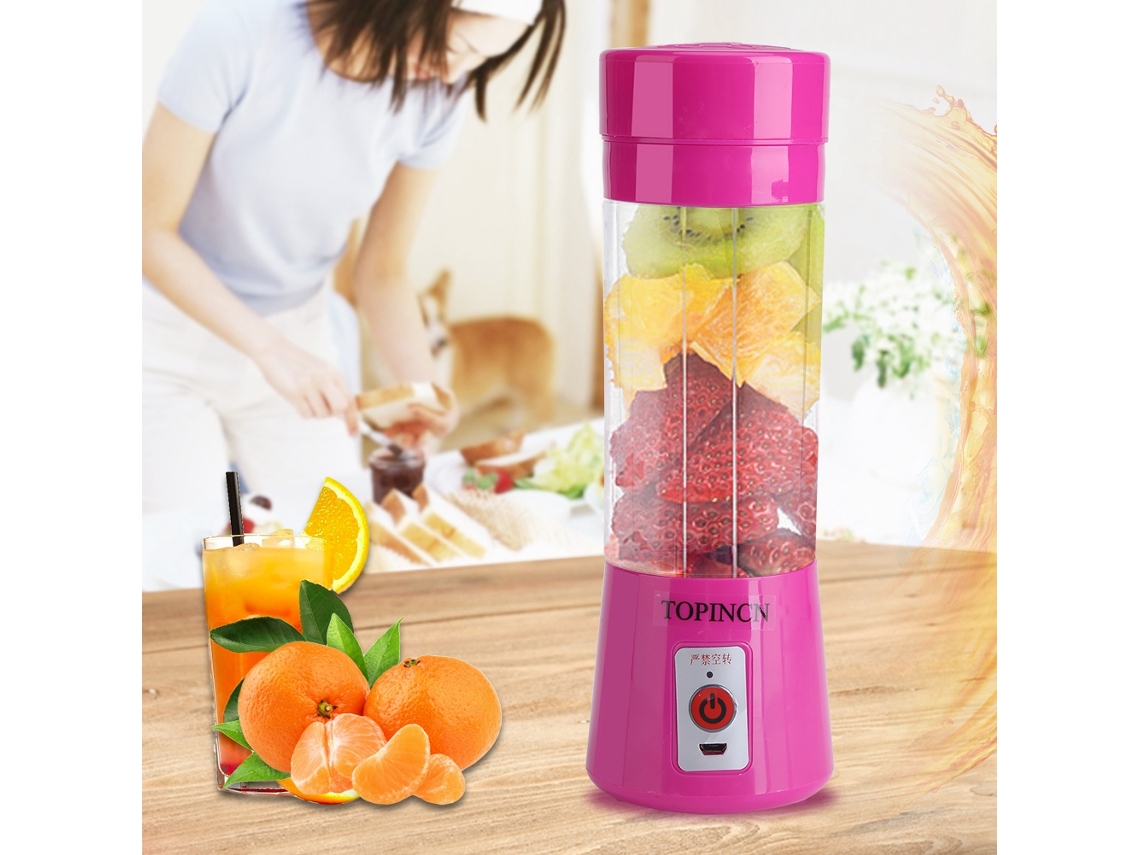 Exprimidor de frutas portátil de 400 ml, recargable por USB, color rosa y rojo
