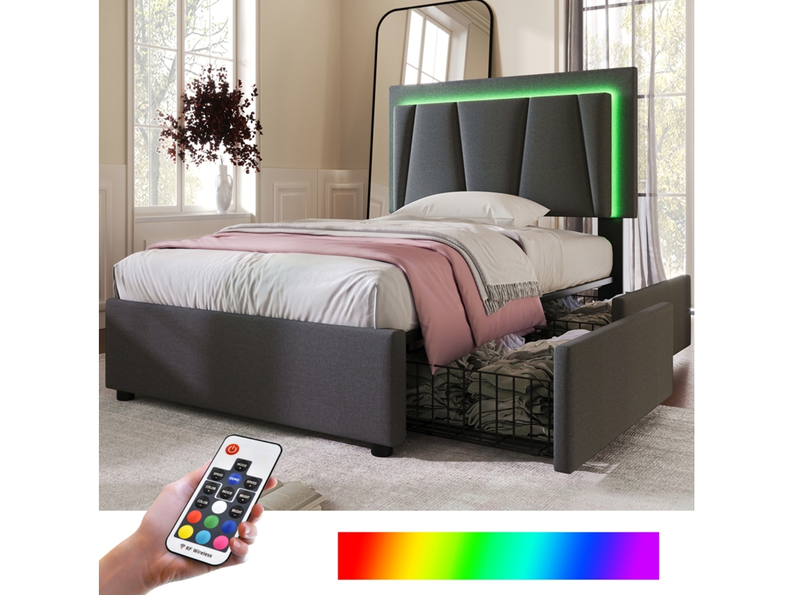 Cama Individual 90x200 Cm, Almacenamiento, Cabecero Regulable Led, 2 Cajones, Madera Gris, Colchón No Incluido.