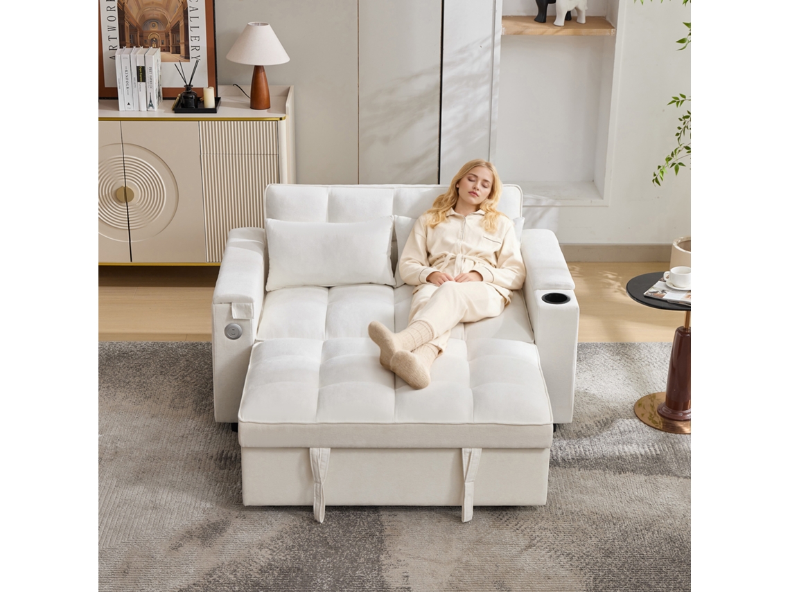 Sofá cama 140,5 x 74 x 82 cm - 3 en 1, con respaldo ajustable, puerto USB, mesa oculta, portavasos - Beige