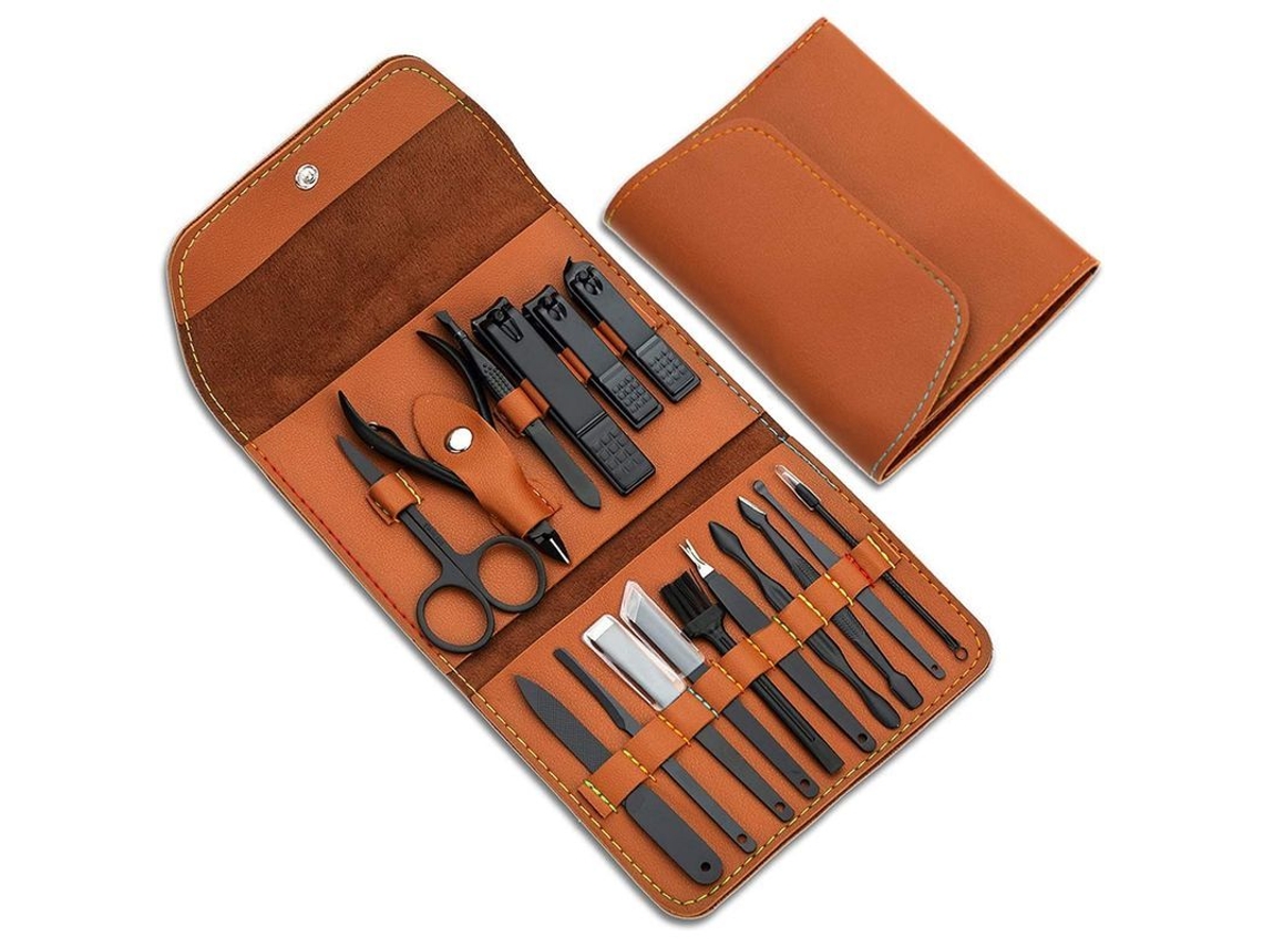 Set De Manicura De Acero Inoxidable Con Estuche De Cuero Sintético, Herramientas De Cuidado Personal Para Hombres Y Mujeres (marrón)