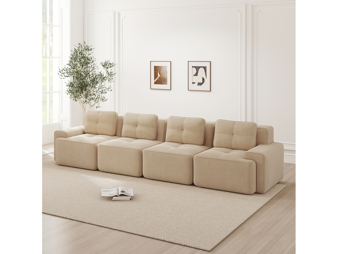 Sofá Modular 4 Plazas - Tapizado Cómodo, Asiento Profundo, Sin Montaje, Antideslizante - Beige