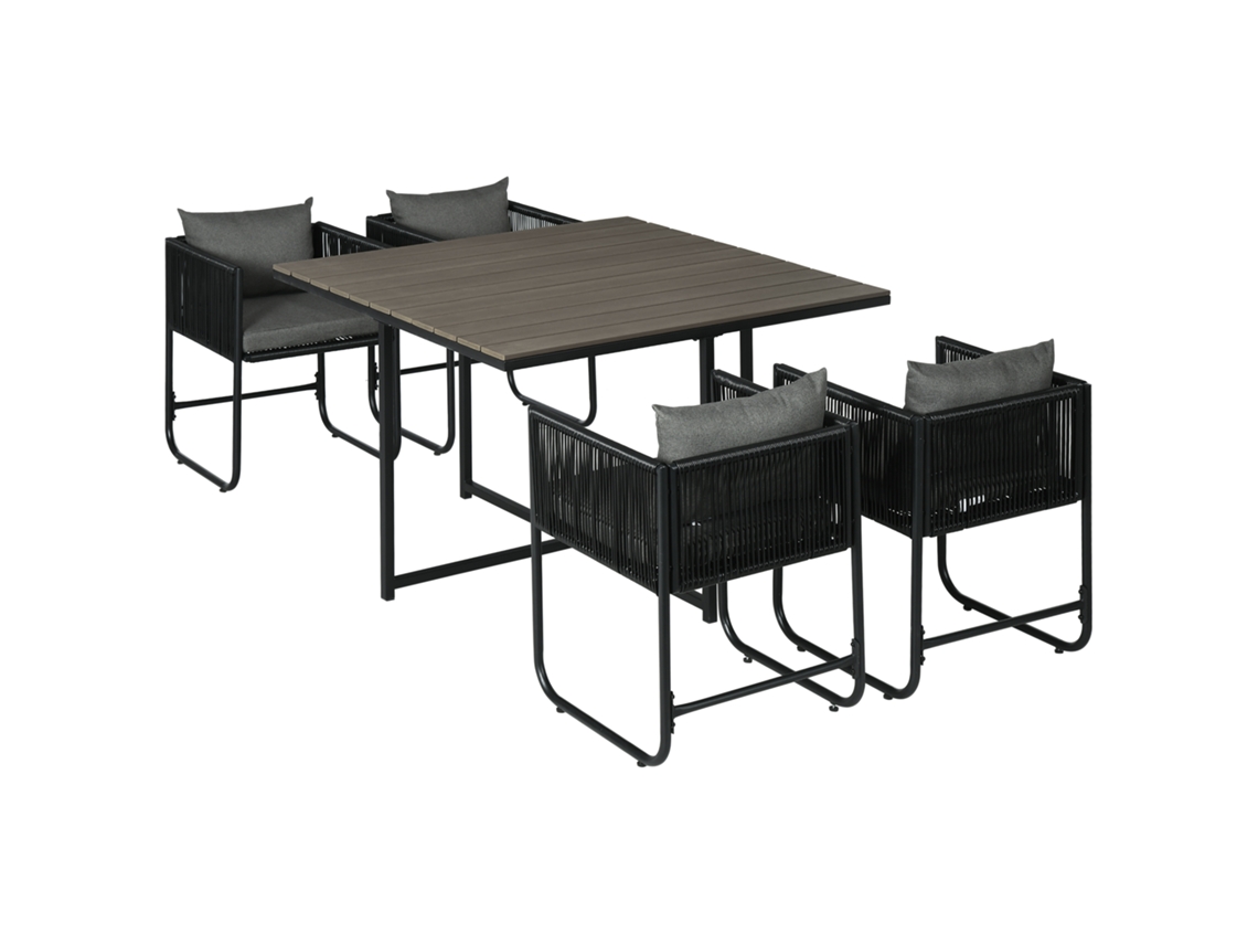 Set De Jardín Polirratán 5 Piezas, Mesa Comedor Con 4 Sillas Y Mesa Auxiliar, Gris