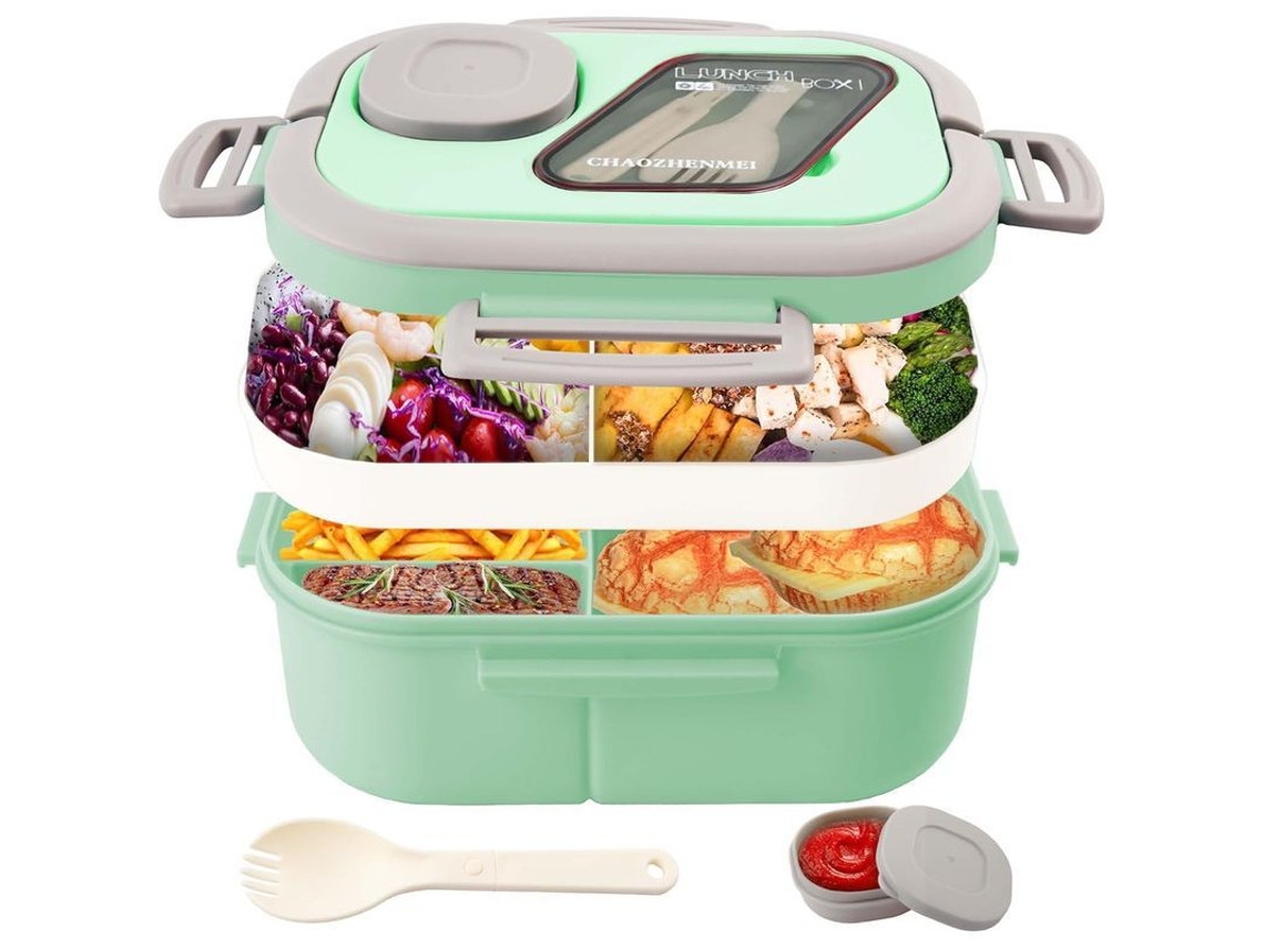 Fiambrera Bento Para Adultos Con 4 Compartimentos, Cubiertos Reutilizables Y Tapa Hermética - Verde