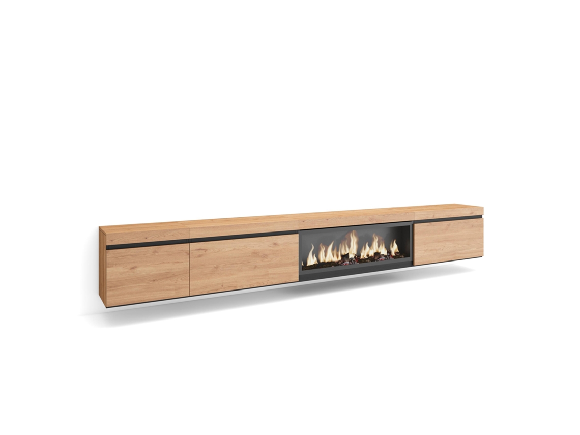 Mueble TV, Televisión, 317x35x45 cm, Chimenea eléctrica XXL, Colgado, Suspendido, Roble SKRAUT HOME