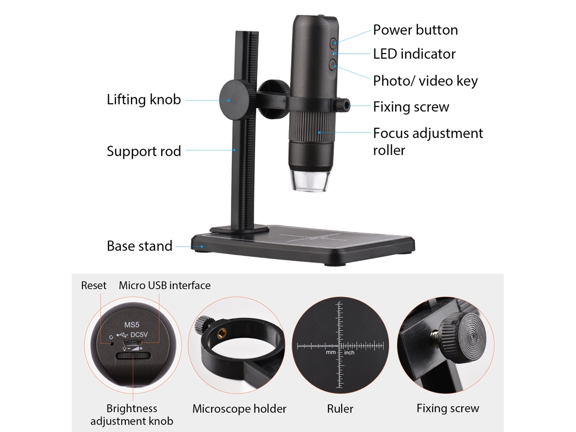 Microscopio Digital Wifi 1000x De Alta Resolución Portátil Con Soporte Para Teléfonos Móviles, Ordenadores Y Tablets