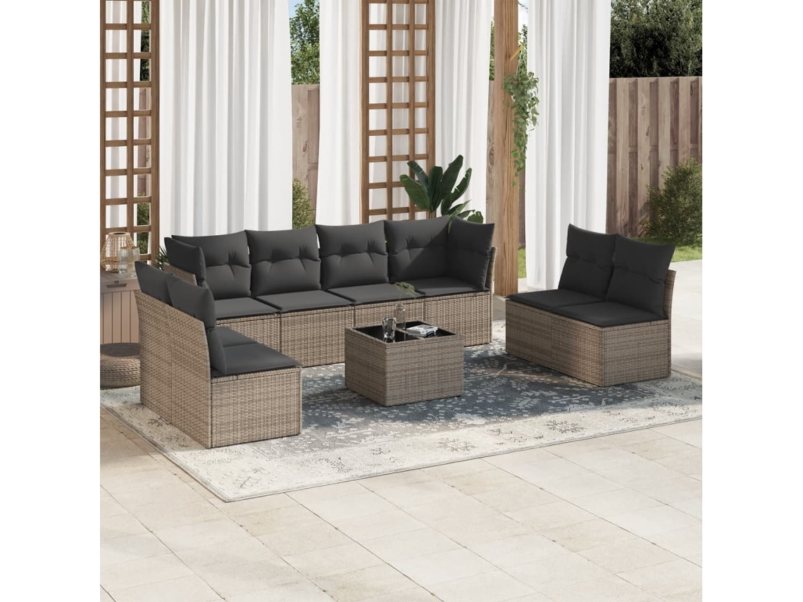 Conjunto de sofá de jardín de 9 piezas con cojines, mimbre gris, DKD Home Decor