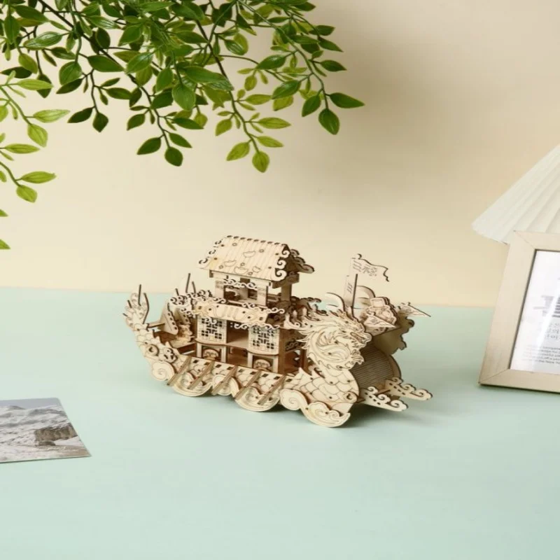 Rompecabezas de madera 3D, modelo de barco dragón tradicional, bloques de construcción de madera