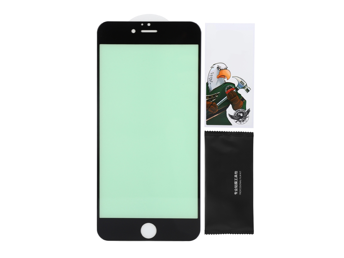 Protector de pantalla de vidrio templado Aetheria para iPhone 6 Plus con protección ocular, luz verde, borde negro.
