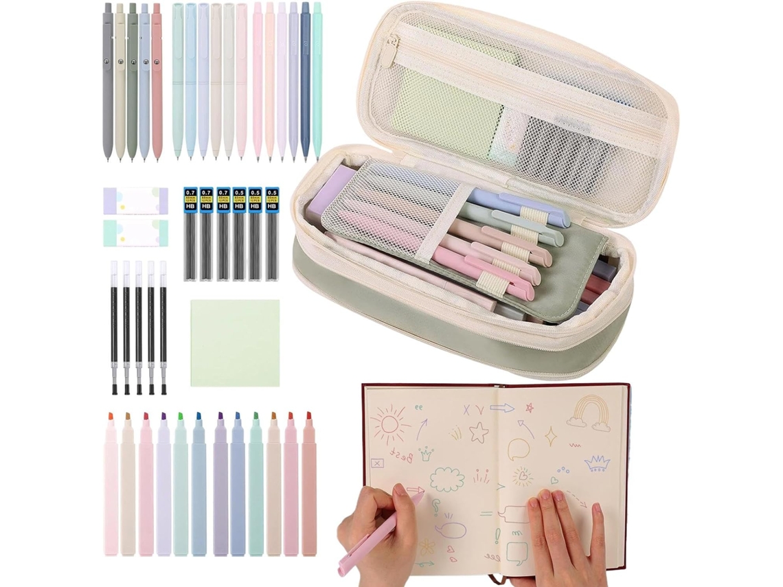 Juego de bolígrafos de gel negros, estuche para lápices con útiles escolares, estética, estuches para lápices bonitos, gomas de borrar, lindo