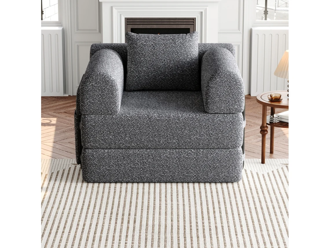 Sofá Cama 2 En 1 Diseño En Felpa, Brazos Con Almacenaje, Estructura Metálica, Modular, Antideslizante, Gris