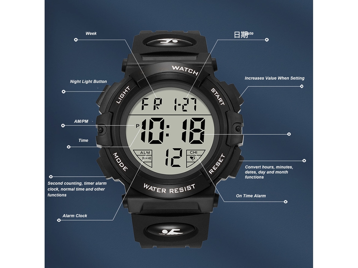 Reloj Deportivo Digital Para Hombre, Resistente Al Agua, Con Calendario Y Alarma Para Actividades Al Aire Libre, Color Negro.