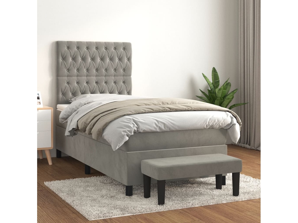 Cama Box Spring Con Colchón Terciopelo Gris Claro 80x200 Cm