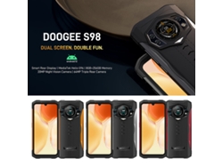 Smartphone Doogee S98 con pantalla trasera, Mediatek Helio G96, colores naranja, rojo y negro, luz dorada.