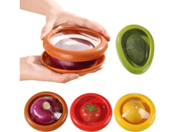 4 Recipientes Reutilizables Para Almacenar Frutas Y Verduras: Aguacate, Cebolla, Tomate Y Limón.