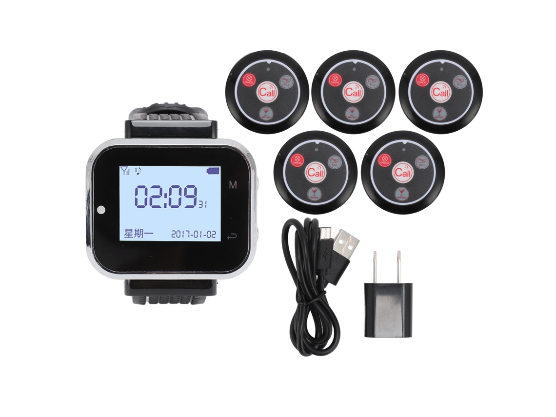 Sistema de llamadas inalámbrico YHL con 1 reloj y 5 buscapersonas.