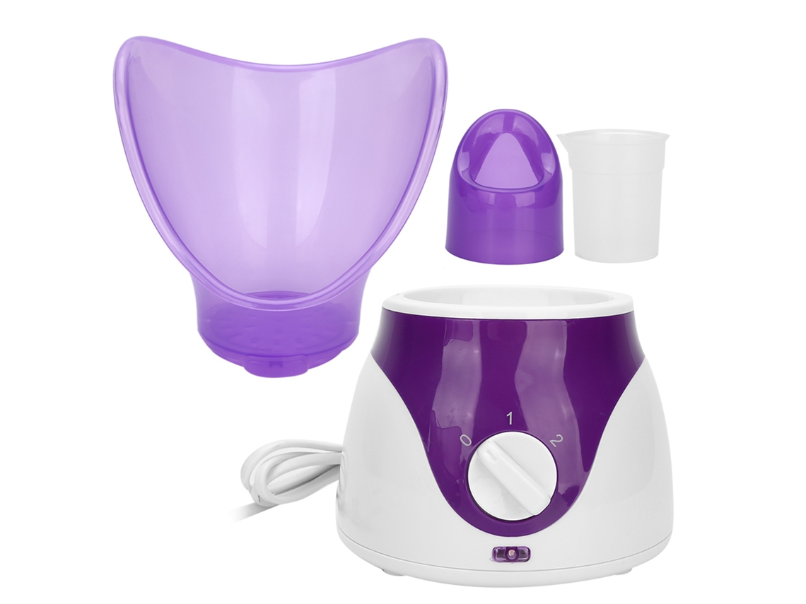 Humidificador generador de vapor facial morado para spa de la piel con nebulización, aromaterapia y accesorios incluidos.