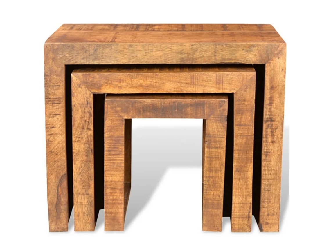 Set De 3 Mesitas Apilables De Madera Maciza De Mango