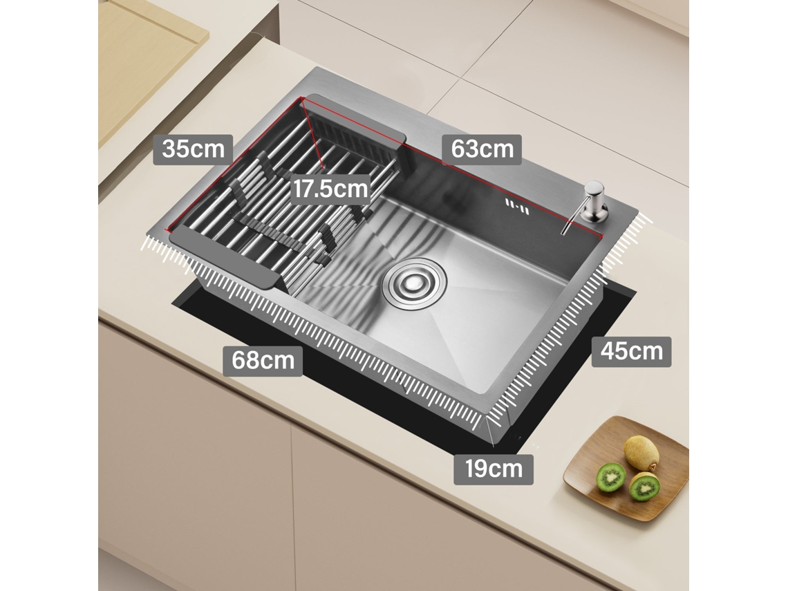 Fregadero De Cocina Individual De Acero Inoxidable 68x45x19 Cm, Con Escurridor Telescópico, Dispensador De Jabón De Acero Inoxidable, Negro