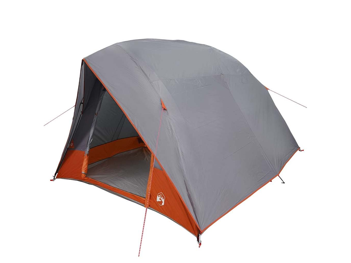 Tienda de campaña gris y naranja de 275 x 230 x 140 cm, tafetán.