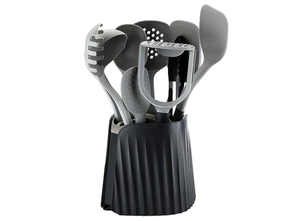 Juego de 9 utensilios de cocina de silicona y acero inoxidable, resistente al calor hasta 232 °C (450 °F), con soporte.