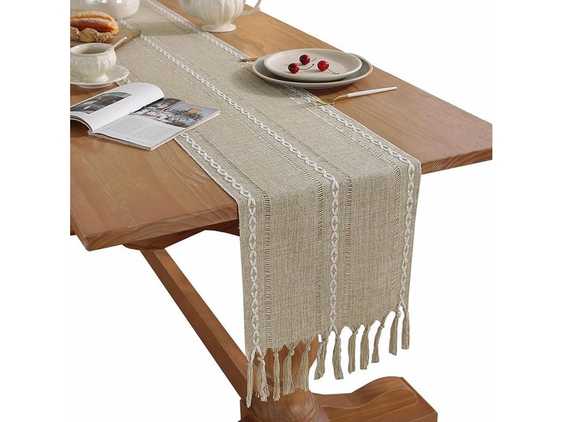 2026-35243-mantel De Mesa Verde Salvia Con Rayas Y Borlas Tejido (amarillo, 33*183 Cm)