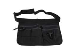 Bolsa para herramientas eléctricas con múltiples bolsillos y cinturón negro grueso.