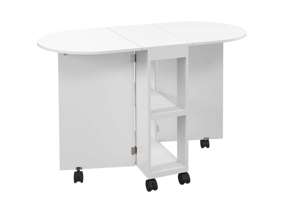 Mesa De Cocina Plegable Con Ruedas, Paneles Abatibles Y Estantes Abiertos, Color Blanco, 120x60x77