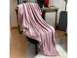 2026-40011-manta Flannel Ligera Con Flecos De Pompom Suave Abrigo Para Sofa Cama Temporada Todas Rosa 51x59 Pulgadas