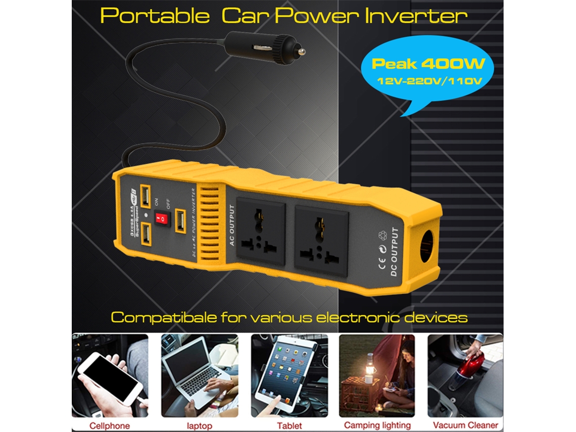 Inversor De Corriente Para Coche De Onda Sinusoidal Modificada De 400 W, De Cc 12 V A Ca 110 V, Con 3 Puertos Usb Y 2 Tomas De Corriente.