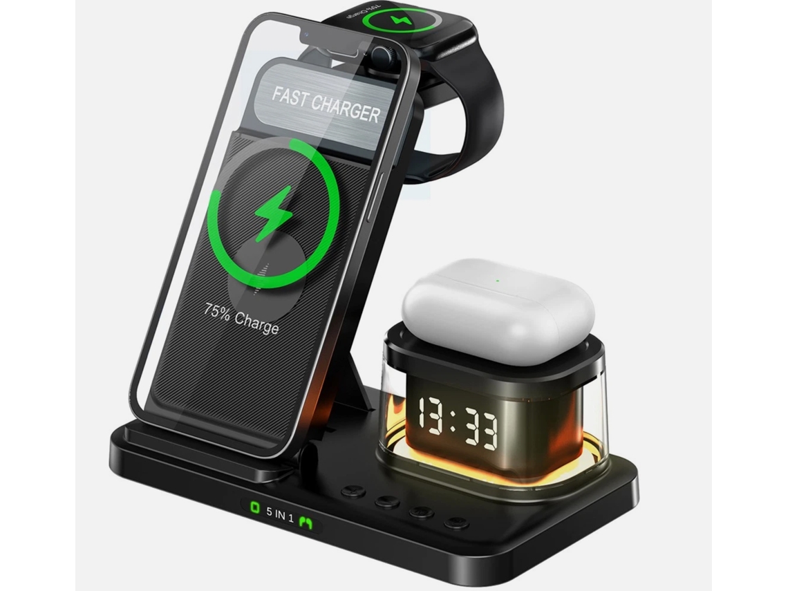 Estación De Carga Inalámbrica 5 En 1 De 15 W Con Reloj Y Soporte Ajustable Para Teléfono, Reloj Y Auriculares (negro)