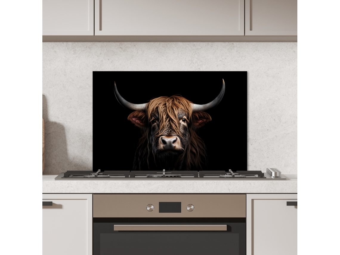 Panel de pared para salpicadero de cocina Scottish Highlander - Retrato - Negro - Animal 70x50 cm