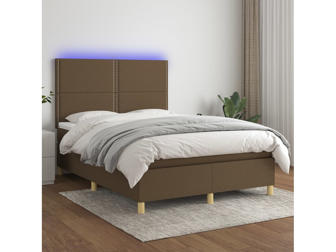 Cama Box Spring Colchón Luces Led Tela Marrón Oscuro 140x190 Cm