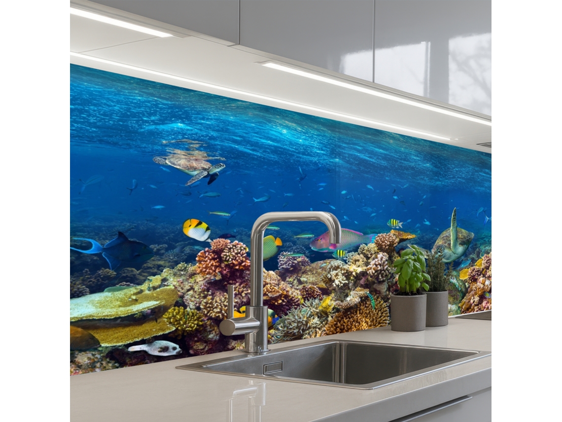 Paneles para salpicadero de cocina - Paisaje submarino - Peces - Tortuga - Azul 200x80 cm