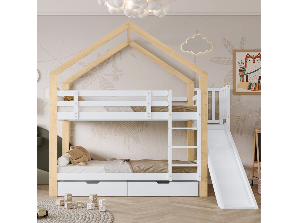 Litera De 90x200 Con Tobogán, Escalera, Madera Blanca Y Cajones.