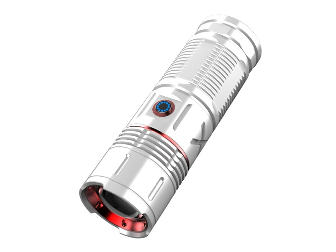 Linterna telescópica recargable con zoom y láser blanco tipo C con función Power Bank (plateada)