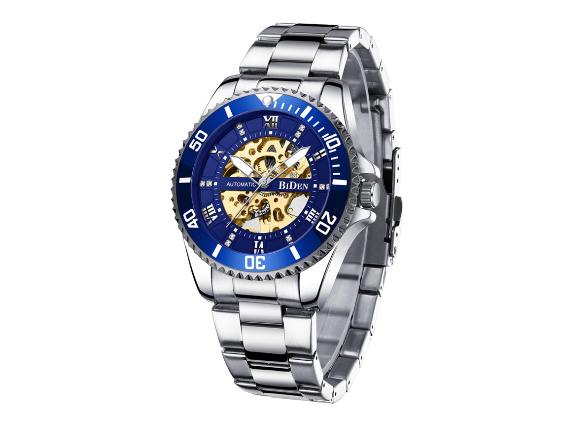 Reloj mecánico automático MDUG, diseño esqueletizado, informal y elegante, azul.