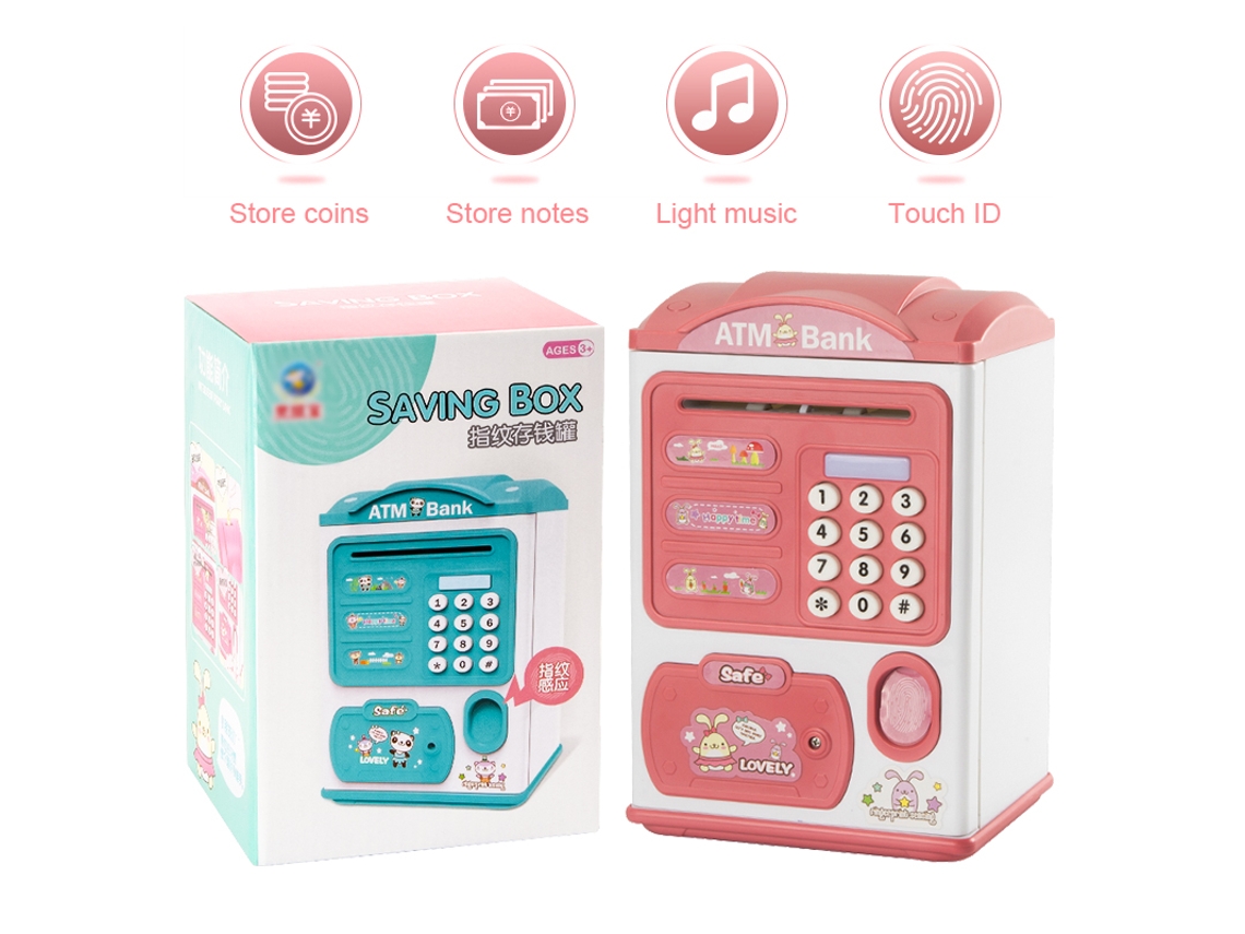 Caja fuerte infantil tipo cajero automático con asa, desbloqueo por contraseña y huella dactilar, música y divertida función de hucha. Aeuzwr